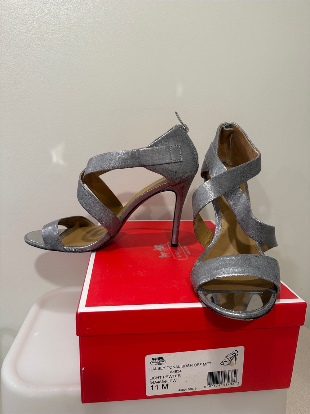 Coach Silver Crisscross Strappy High Heels